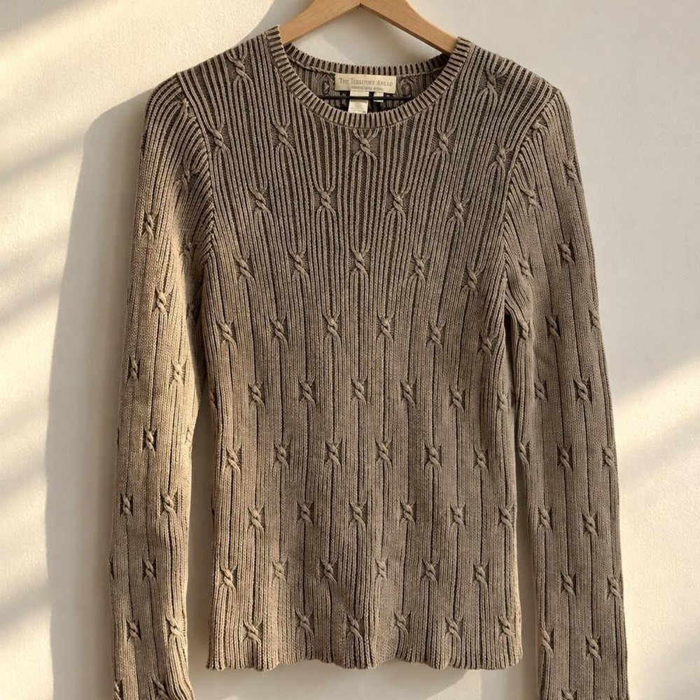 Washed Olive Fisherman Cable Knit Sweater Grunge Coastal Heritage Medium